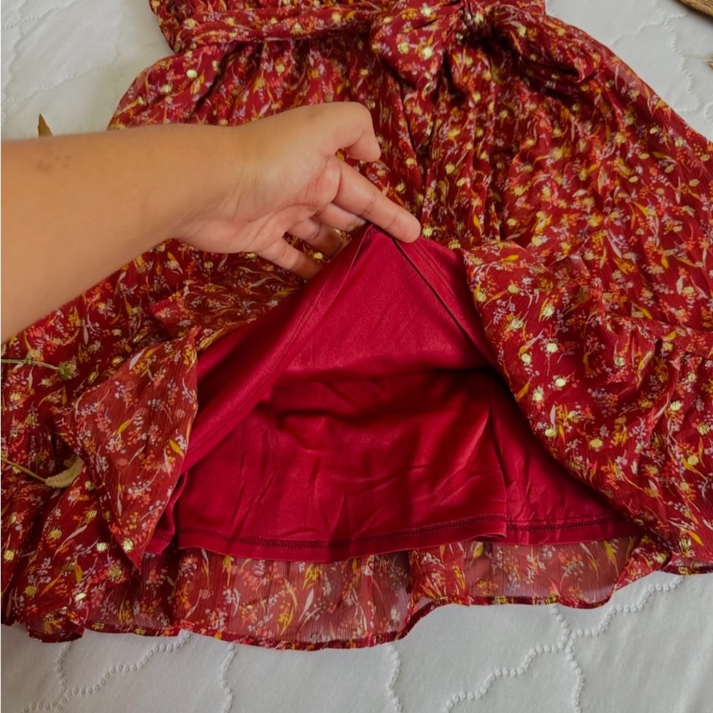Floral Ruffle Wrap Dress - Red - Picture 7 of 16